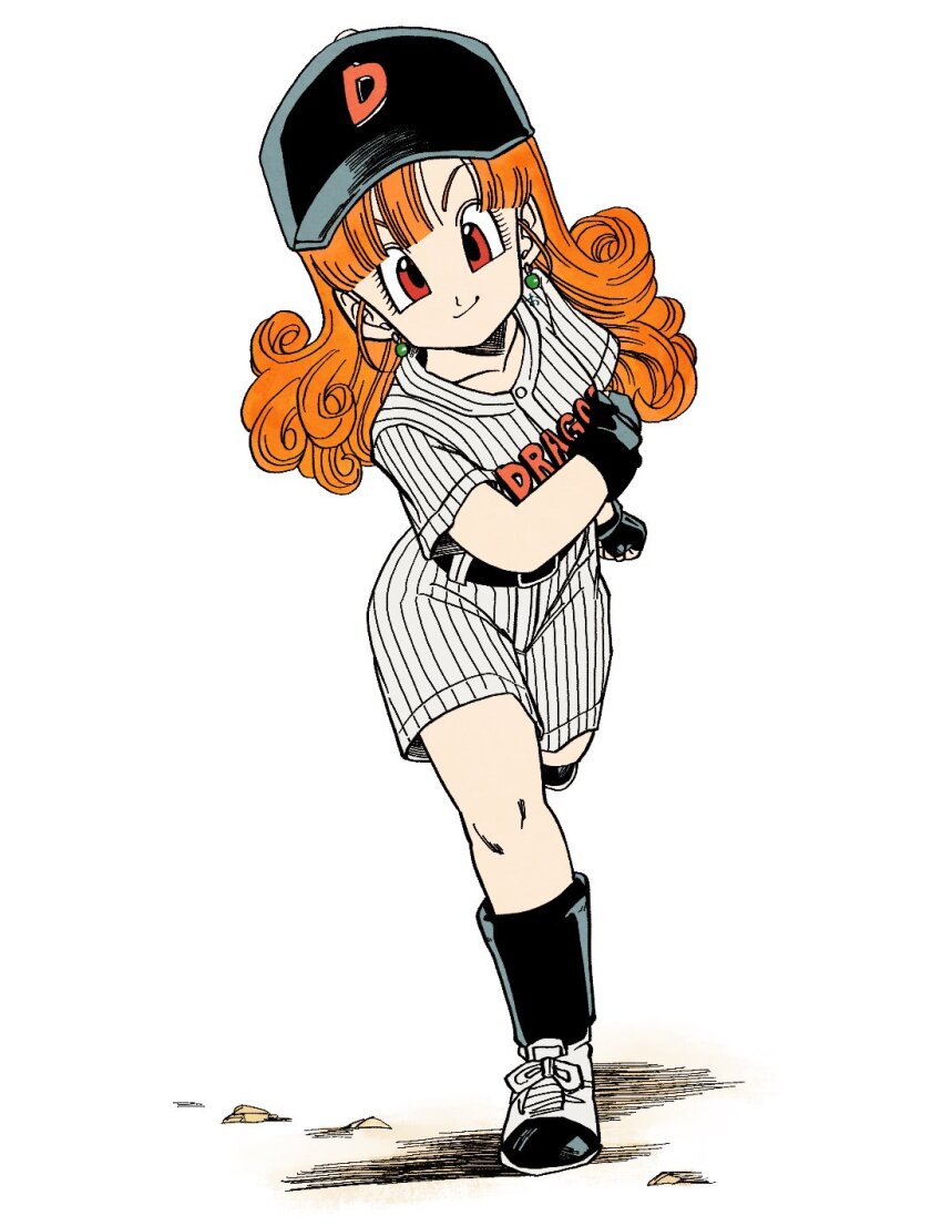 1girl alena_(dq4) alternate_costume baseball baseball_cap baseball_jersey baseball_uniform belt belt_buckle black_gloves black_hat black_socks buckle closed_mouth collarbone curly_hair dragon_quest dragon_quest_iv earrings full_body gloves hat highres jersey jewelry long_hair looking_at_viewer okita_(sukult_4) orange_hair red_eyes ribbed_shirt ribbed_shorts shirt short_sleeves shorts smile socks solo sportswear standing standing_on_one_leg white_background white_shirt white_shorts