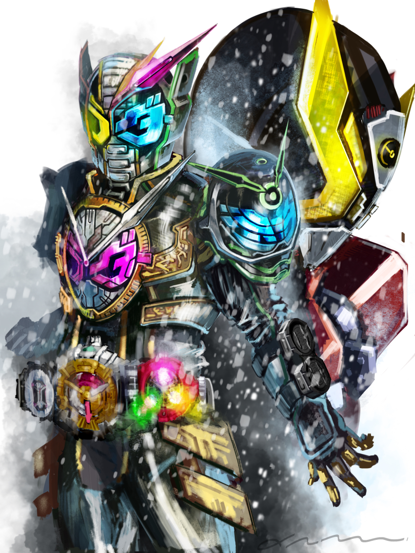 3boys absurdres armor blue_eyes book clenched_hand rider_belt fusion gold_armor green_armor highres kamen_rider kamen_rider_geiz kamen_rider_woz kamen_rider_zi-o kamen_rider_zi-o_(series) kamen_rider_zi-o_trinity looking_at_viewer male_focus mask multiple_boys open_hand pink_eyes red_armor rider_belt trinity_riderwatch weapon white_background yellow_eyes yygnzm ziku_driver