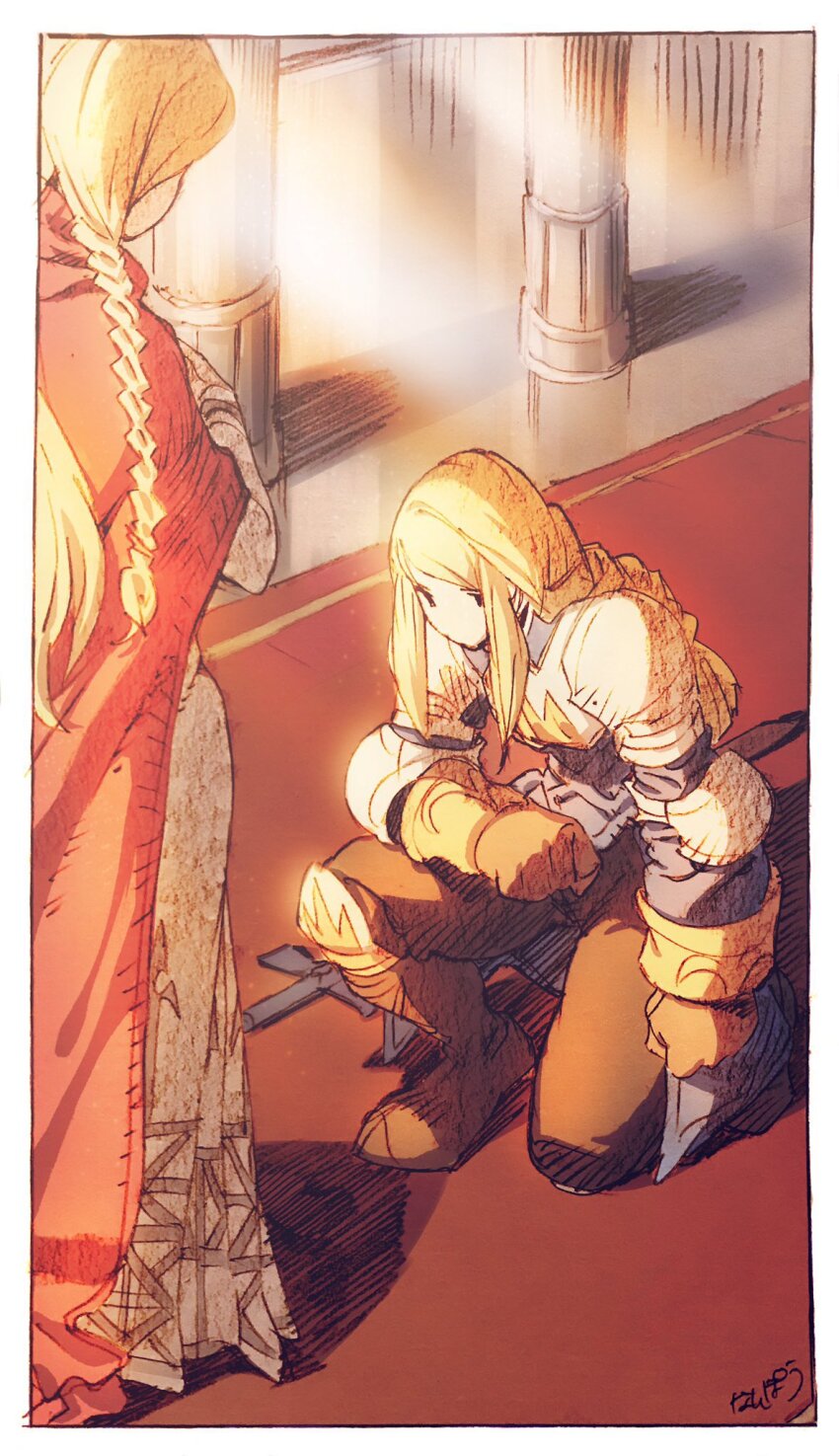 2girls agrias_oaks armor artist_name blonde_hair boots border braid brown_footwear brown_gloves brown_pants cloak column dress elbow_pads final_fantasy final_fantasy_tactics full_body gloves hand_on_own_chest highres indoors long_dress long_hair looking_at_another looking_down multiple_girls nanpou_(nanpou0021) on_one_knee ovelia_atkascha pants pillar red_carpet red_cloak shoulder_armor sidelocks swept_bangs sword weapon white_border