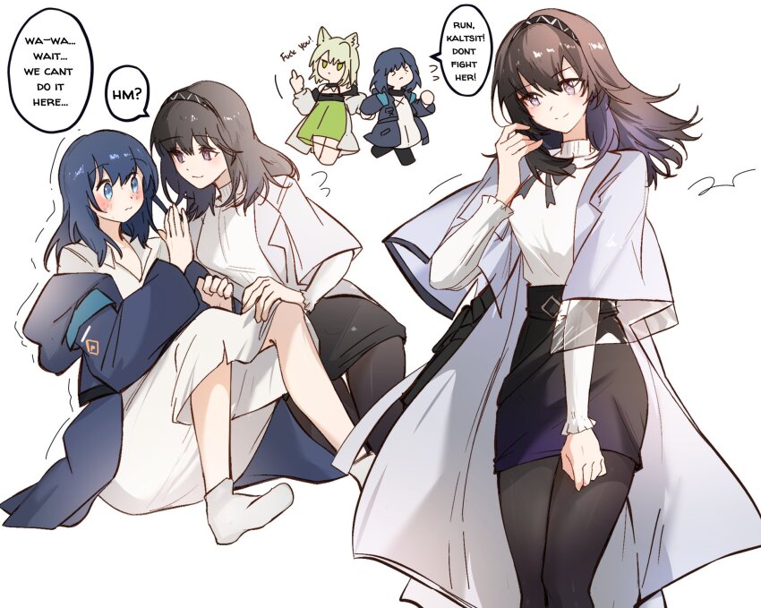 3girls arknights arya_melati black_hairband black_pantyhose black_skirt blue_coat blue_eyes blue_hair brown_hair chibi closed_mouth coat commentary doctor_(arknights) dress english_commentary english_text eye_contact female_doctor_(arknights) flying_sweatdrops grey_coat hair_between_eyes hairband highres kal&#039;tsit_(arknights) long_sleeves looking_at_another medium_hair middle_finger multiple_girls off_shoulder pantyhose priestess_(arknights) purple_eyes simple_background skirt smile speech_bubble sweater turtleneck turtleneck_sweater white_background white_dress white_sweater yuri