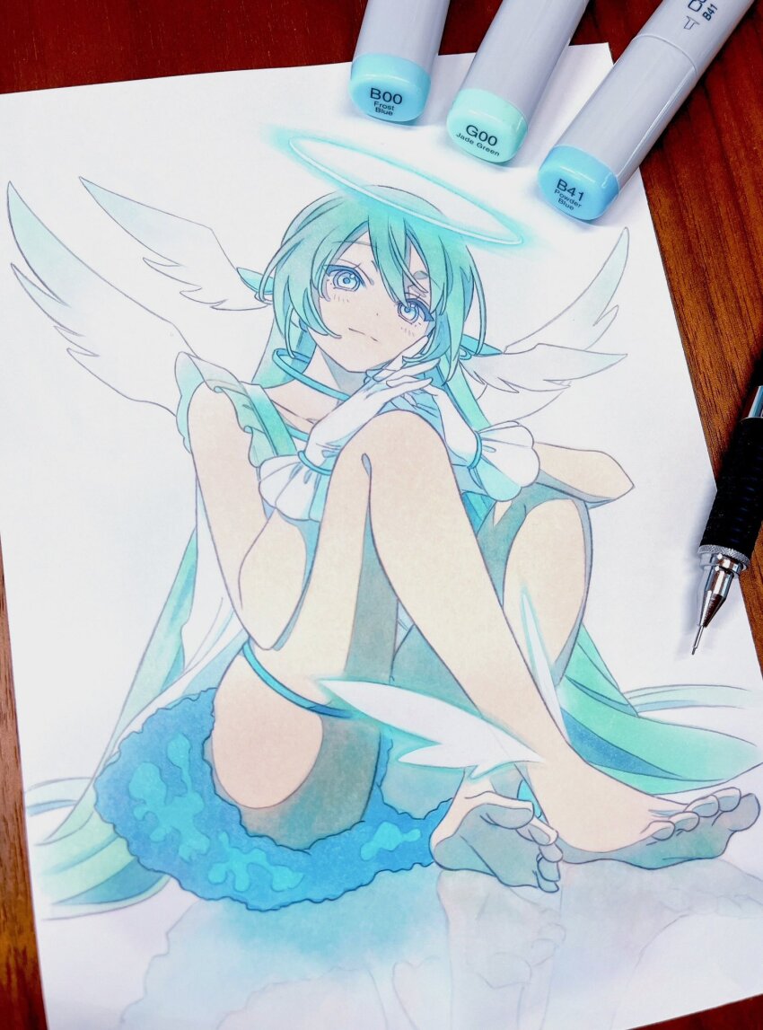 1girl aqua_eyes aqua_hair barefoot electric_angel_(vocaloid) gloves halo hatsune_miku highres pato_(ptro) photo_(medium) reflection sitting solo thigh_strap traditional_media vocaloid white_gloves wings