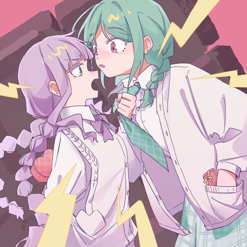 2girls aqua_hair aqua_necktie aqua_skirt arm_behind_back blunt_bangs blush bow bowtie box box_of_chocolates braid chocolate clothes_grab collared_shirt commentary_request dutch_angle eye_contact face-to-face gift gift_box green_eyes hand_in_pocket heart-shaped_box highres holding holding_box holding_gift holding_necktie jacket kawa_(chuan_kawa_) lightning_bolt_symbol long_hair long_sleeves looking_at_another love_live! love_live!_superstar!! multiple_girls necktie necktie_grab neckwear_grab object_in_pocket onitsuka_tomari open_clothes open_jacket open_mouth plaid_clothes plaid_skirt pocket purple_bow purple_bowtie purple_hair red_background red_eyes shirt sidelocks skirt standing surprised sweater_vest twin_braids twintails upper_body v-shaped_eyebrows valentine wavy_hair white_jacket white_shirt white_sweater_vest wide-eyed wien_margarete wrapped