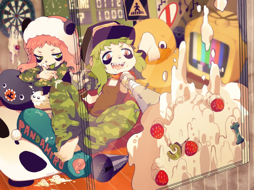 \m/ baseball_bat foreshortening goggles goggles_around_neck goggles_on_head green_eyes green_hair gumi hat panda_hero_(vocaloid) pink_hair red_eyes rubber_duck short_hair sitting souno_kazuki vocaloid