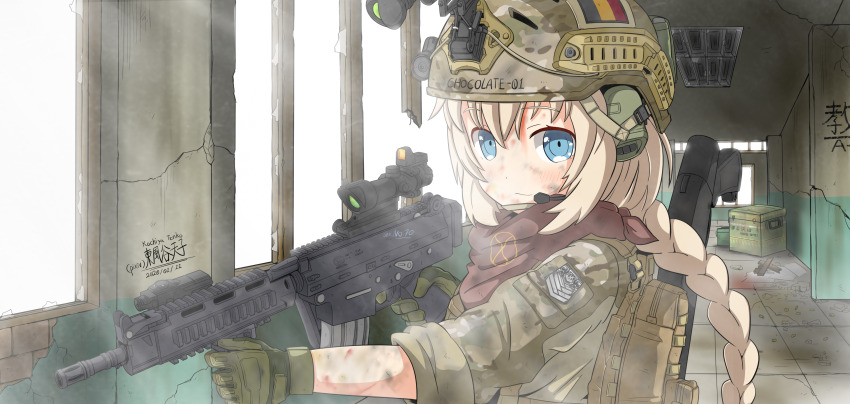 1girl absurdres acog assault_rifle belgian_flag blonde_hair blue_eyes fn_fnc fnc_(girls&#039;_frontline) girls&#039;_frontline gun highres holding holding_gun holding_weapon kochiya_tenko military rifle tactical_clothes weapon