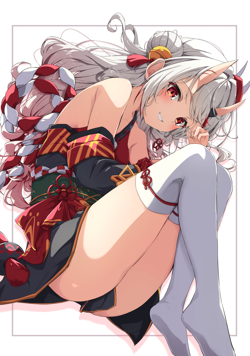 1girl absurdres blush closed_mouth fumi_(fumibeing) gradient_hair grey_hair hair_bun highres hololive horns japanese_clothes kimono long_hair looking_at_viewer multicolored_hair nakiri_ayame nakiri_ayame_(1st_costume) oni red_eyes red_hair red_kimono skin-covered_horns solo streaked_hair thighhighs virtual_youtuber white_thighhighs