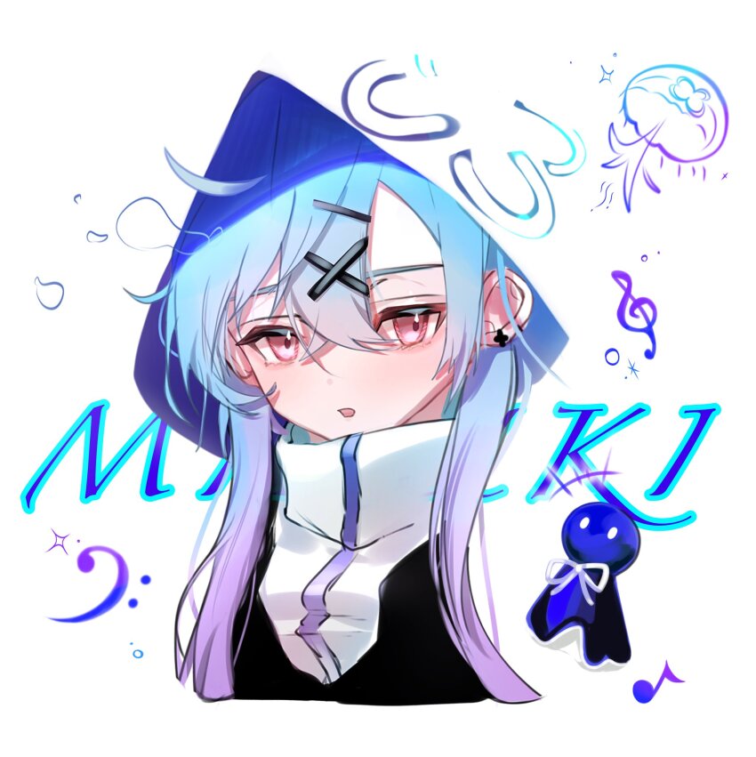 1boy ahoge arknights blue_hair blush character_name earrings eighth_note hair_between_eyes hair_ornament hairclip high_collar highres hood hood_up jellyfish jewelry long_hair looking_at_viewer mizuki_(arknights) musical_note open_mouth red_eyes roki@ sidelocks simple_background solo teruterubouzu treble_clef upper_body white_background x_hair_ornament