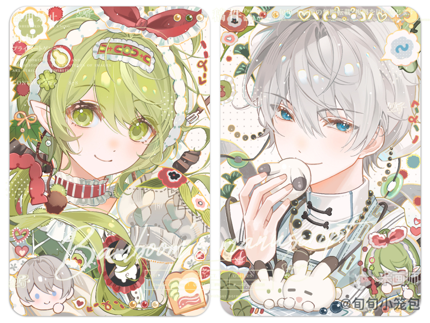 1boy 1girl blue_eyes border bow_hairband closed_mouth green_eyes green_hair grey_hair hair_between_eyes hairband mihuashi_username original pointy_ears portrait shirt short_hair smile watermark white_border white_hairband white_shirt xun_xun_xiaolongbao