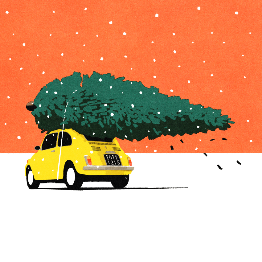car christmas christmas_tree fiat fiat_500 highres horizon iida_kento license_plate motor_vehicle no_humans orange_sky original outdoors sky snow snowing tree yellow_car