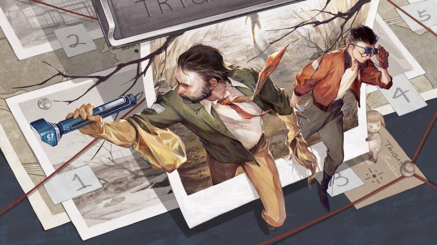 2boys adjusting_eyewear beard belt black_hair black_pants bomber_jacket brown_hair brown_pants chanasykine collared_shirt disco_elysium facial_hair gloves green_jacket harry_du_bois highres jacket kim_kitsuragi multiple_boys necktie orange_necktie pants photo_(object) shirt sunglasses walking white_shirt