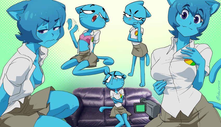 absurdres animal_ears blue_eyes blue_hair bra breasts camera cat_ears cat_girl fangs furry green_background highres inker_comics looking_at_viewer medium_breasts nicole_watterson nicole_watterson_(the_fury) open_mouth pink_bra shirt simple_background skirt tail the_amazing_world_of_gumball thighs underwear white_shirt