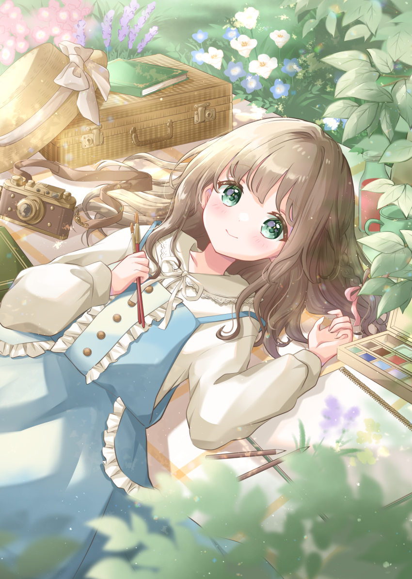 1girl blue_flower blue_skirt blurry blush brown_hair camera center_frills closed_mouth commentary_request depth_of_field flower frilled_skirt frills green_eyes hat highres holding holding_brush hoshiibara_mato leaf long_sleeves looking_at_viewer original paint_palette pink_flower puffy_long_sleeves puffy_sleeves purple_flower shirt skirt smile solo spring_(season) suspender_skirt suspenders unworn_hat unworn_headwear white_flower white_shirt