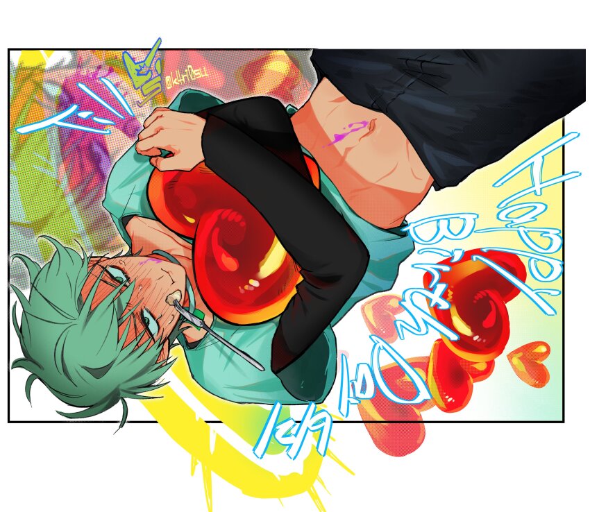 1boy absurdres alien_stage birthday black_pants black_shirt character_name commentary english_commentary english_text fork grey_hair happy_birthday heart highres holding holding_heart k4ri0su layered_shirt layered_sleeves long_sleeves male_focus midriff navel pants shirt short_hair short_over_long_sleeves short_sleeves solo till_(alien_stage) very_short_hair white_shirt