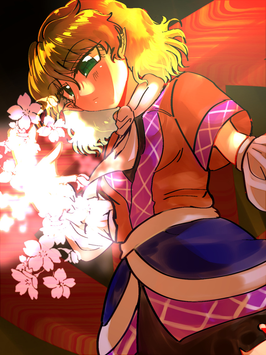 1girl black_shirt black_skirt blonde_hair brown_shirt closed_mouth commentary_request cowboy_shot expressionless flower glowing_flower green_eyes highres looking_down mizuhashi_parsee orange_background pink_flower pointy_ears sash scarf shippuu_jinnari shirt short_hair short_sleeves skirt solo touhou undershirt white_sash white_scarf