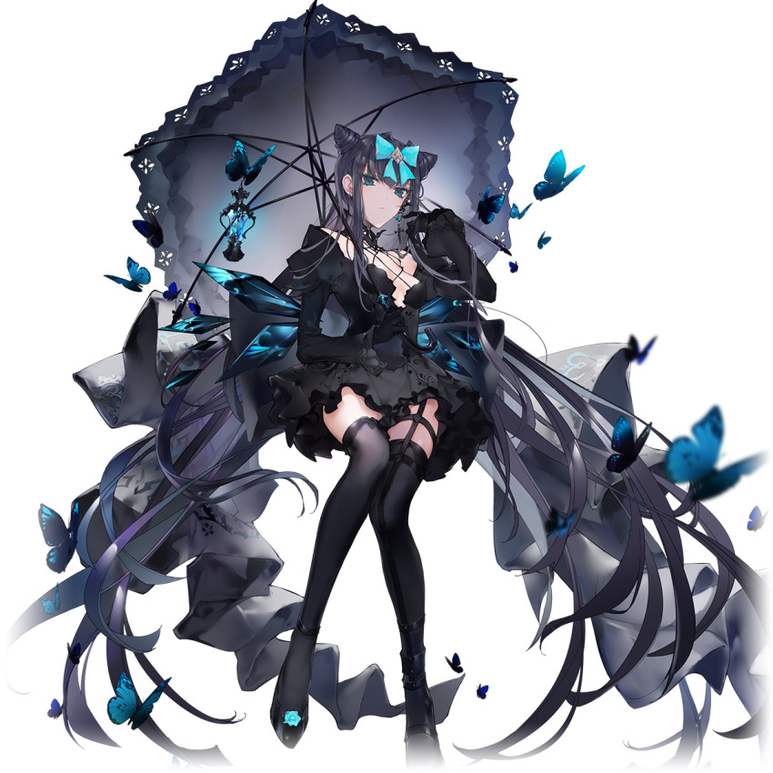 1girl arcaea black_dress black_gloves black_hair black_shoes black_thighhighs blue_bow blue_butterfly blue_eyes bow breasts bug butterfly cierra_(ra-bit) closed_mouth cone_hair_bun double_bun dress full_body game_cg garter_straps gloves grey_umbrella hair_bow hair_bun hand_up highres holding holding_umbrella insect juliet_sleeves lantern long_hair long_sleeves looking_at_viewer official_art puffy_sleeves shoes short_dress single_garter_strap small_breasts solo tairitsu_(arcaea) tairitsu_(tempest)_(arcaea) thighhighs third-party_source transparent_background umbrella very_long_hair