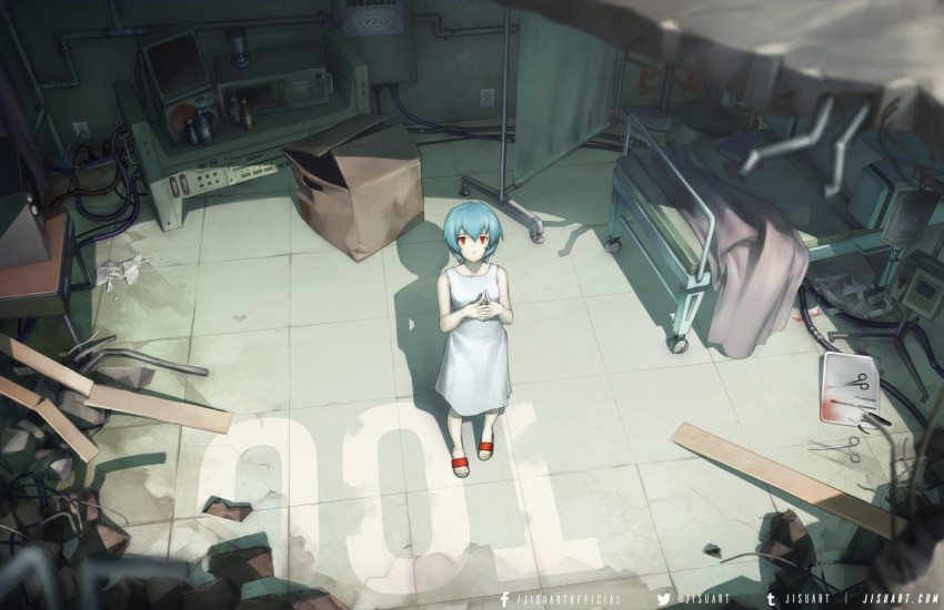 1girl artist_name ayanami_rei bed book box breasts cardboard_box closed_mouth dress facebook_username green_theme hospital_bed interlocked_fingers jisuart looking_at_viewer md5_mismatch neon_genesis_evangelion oscilloscope own_hands_clasped own_hands_together partition plank red_eyes red_footwear scissors short_hair small_breasts solo standing tumblr_username twitter_username watermark web_address white_dress