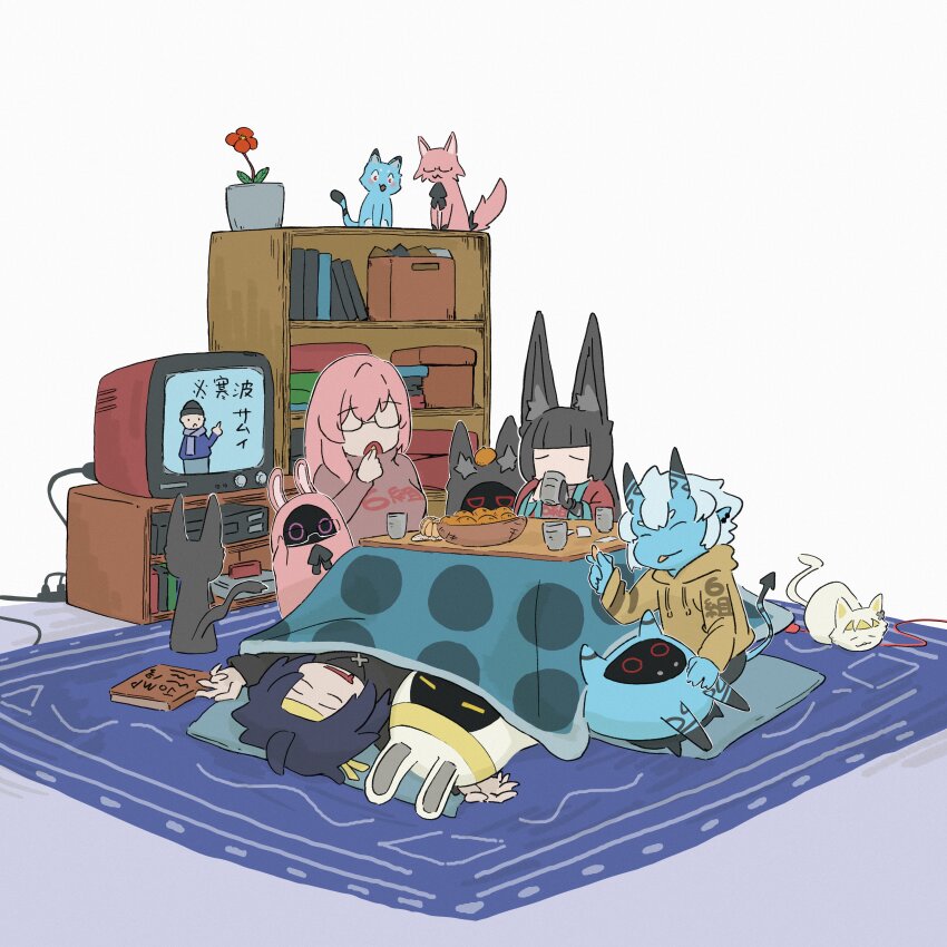 1boy 3girls absurdres alternate_costume animal animal_ear_fluff animal_ears asaba_harumasa asaba_harumasa_(cat) asaboo_(zenless_zone_zero) bangboo_(zenless_zone_zero) black_hair blue_skin book bowl box breasts cat closed_eyes colored_skin cup cushion eating faceless faceless_female flower food fox_ears fox_girl fruit glasses headband highres holding holding_cup hood hood_down hoodie horns hoshimi_miyabi hoshimi_miyabi_(cat) kotatsu kumao_max long_hair long_sleeves lying miyaboo_(zenless_zone_zero) multiple_girls on_back open_mouth orange_(fruit) pink_hair red_flower simple_background sitting sleeping soukaboo_(zenless_zone_zero) soukaku_(cat) soukaku_(zenless_zone_zero) sweater table tail television tsukishiro_yanagi tsukishiro_yanagi_(cat) white_hair yellow_headband yunomi zenless_zone_zero