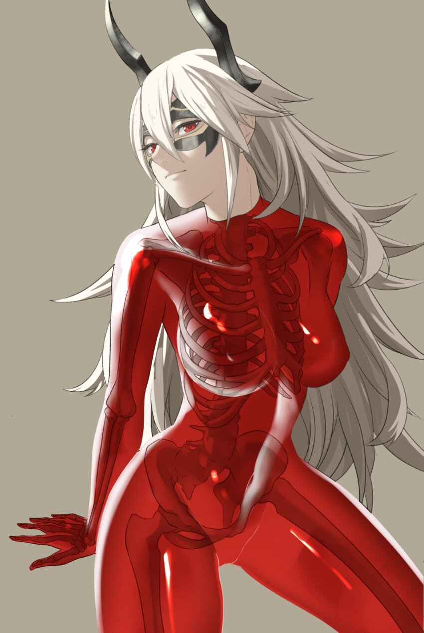 1girl armor black_mask bone breasts closed_mouth colored_nipples domino_mask fire_emblem fire_emblem_heroes grey_background grey_hair hair_between_eyes highres horned_mask horns large_breasts long_hair mask masked nintendo nipples nude pomelomelon red_eyes red_nipples see-through_clothes see-through_body simple_background skeleton smile solo thrasir_(fire_emblem) very_long_hair