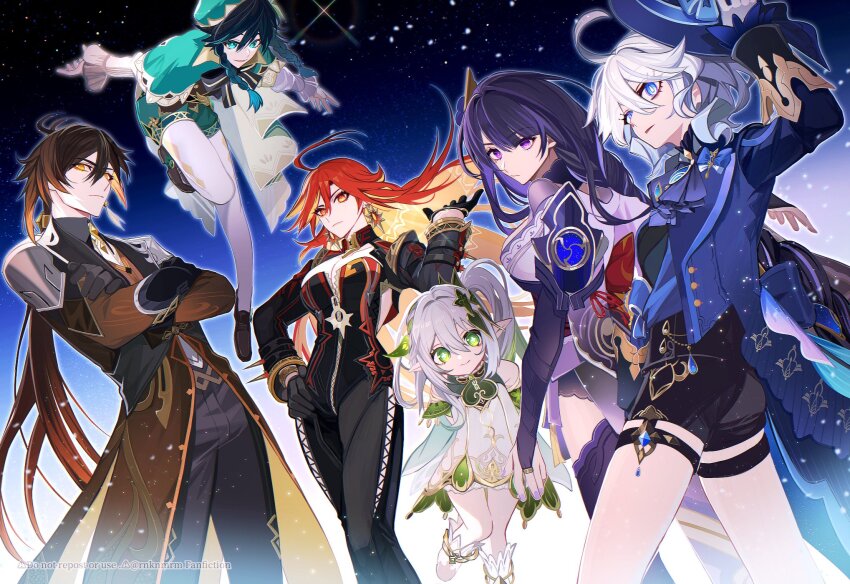 2boys 4girls ahoge arm_up armor arms_up back_bow black_gloves black_panties black_pants black_shorts black_suit black_thighhighs blue_eyes blue_hat blue_jacket blunt_bangs bodysuit bow braid braided_bangs breasts bridal_gauntlets brown_jacket capelet chinese_clothes cleavage closed_mouth collared_jacket commentary_request crossed_arms dress flat_chest floating formal_clothes friends frilled_sleeves frills from_below furina_(genshin_impact) genshin_impact gloves glowing glowing_eyes gradient_background gradient_hair green_capelet green_eyes green_hair green_hat green_shorts hair_between_eyes hair_ornament hand_on_own_hip hat highres hiki_yuichi holding holding_unworn_clothes holding_unworn_hat huge_ahoge jacket japanese_clothes kimono knees_together_feet_apart large_breasts leaf_hair_ornament leaning_forward light_smile long_hair long_sleeves looking_at_viewer looking_to_the_side low_ponytail mavuika_(genshin_impact) medium_breasts multicolored_hair multiple_boys multiple_girls nahida_(genshin_impact) night night_sky off_shoulder open_mouth orange_eyes outdoors panties pants pantyhose partially_unzipped pink_lips ponytail purple_eyes purple_hair purple_kimono purple_nails raiden_shogun red_hair short_hair short_shorts short_sleeves shorts shoulder_armor side_ponytail single_braid sky standing star_(sky) streaked_hair suit thigh_strap thighhighs thighs top_hat underwear unworn_hat unworn_headwear venti_(genshin_impact) wavy_hair white_dress white_gloves white_hair white_pantyhose zhongli_(genshin_impact)