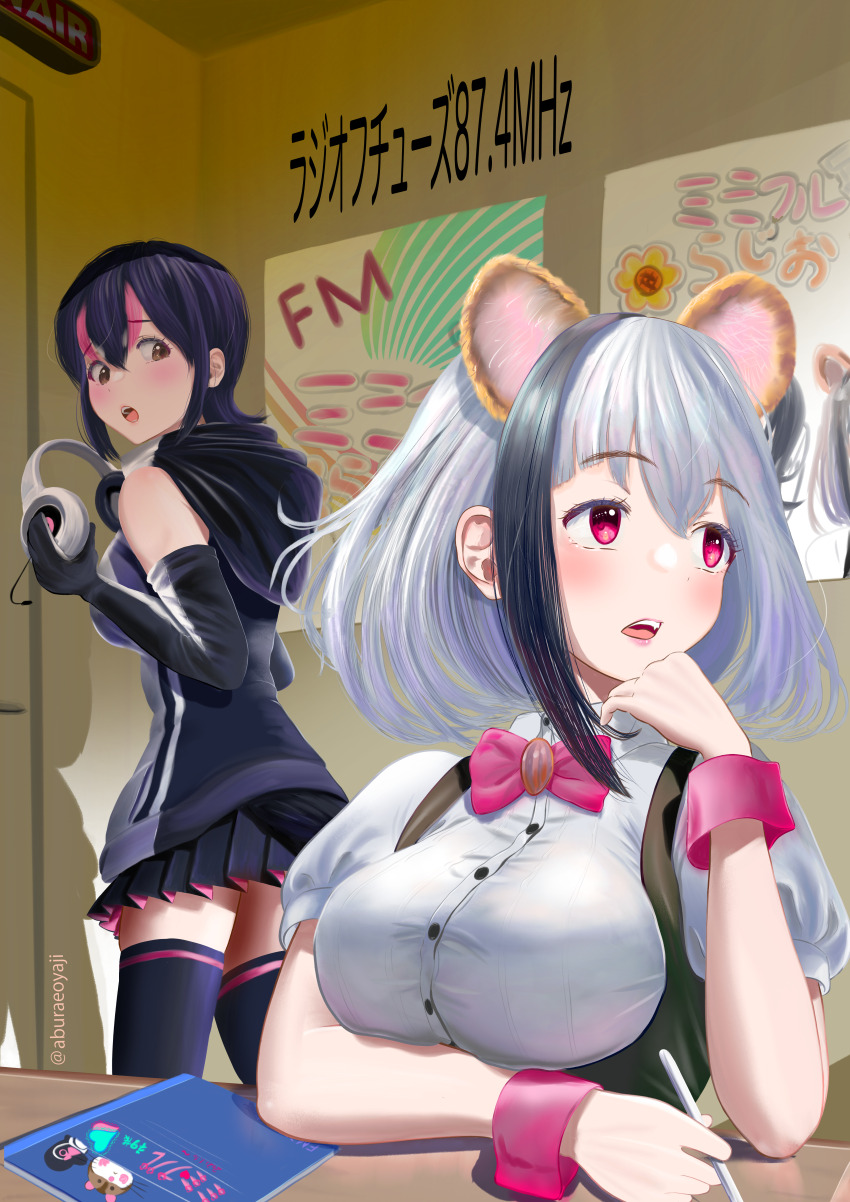 2girls absurdres aburaeoyaji animal_ears animal_hood black_hair bow bowtie brown_eyes dress extra_ears grey_hair headphones highres hood hoodie humboldt_penguin_(kemono_friends) indie_virtual_youtuber kemono_friends kemono_friends_v_project kirara_mimi multiple_girls penguin_girl penguin_hood penguin_tail red_eyes short_hair skirt socks tail thighhighs twitter_username virtual_youtuber