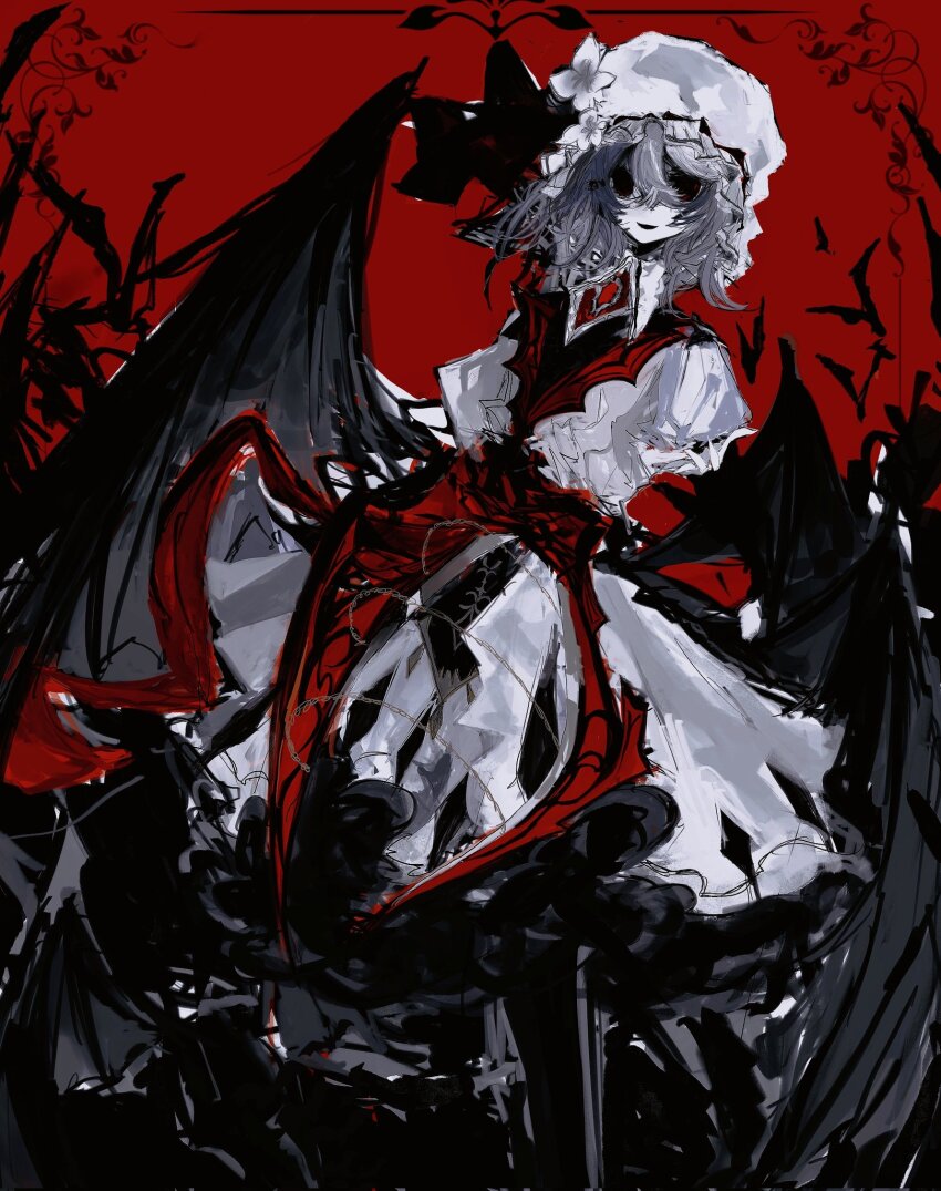 1girl akama_chlorine bat_(animal) bat_wings collar dress frilled_hat frills grey_hair hair_between_eyes hat highres koumajou_densetsu medium_hair messy_hair mob_cap parted_lips red_collar remilia_scarlet short_sleeves smile solo touhou white_dress white_hat wings