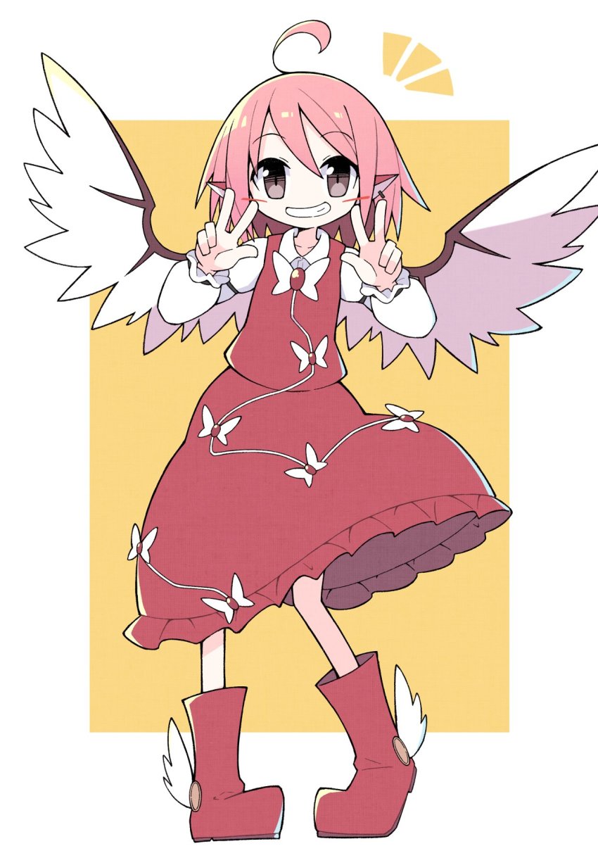 1girl ahoge animal_ears asameshi blush_stickers boots brown_boots brown_dress brown_eyes double_w dress full_body grin hands_up highres long_sleeves looking_at_viewer mystia_lorelei no_headwear pink_hair shirt short_hair smile solo touhou w white_shirt winged_footwear wings yellow_background