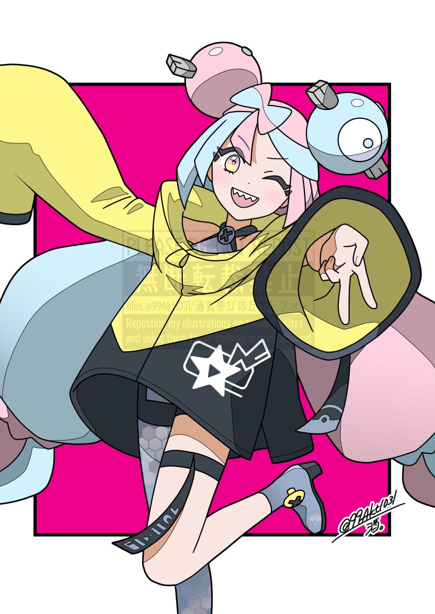 1girl 99akt1031 ;d absurdres blue_hair border bow-shaped_hair character_hair_ornament grey_pantyhose gyaru_v hair_ornament highres iono_(pokemon) jacket leg_up long_hair long_sleeves multicolored_eyes multicolored_hair nintendo one_eye_closed open_mouth outside_border pantyhose pink_eyes pink_hair pokemon pokemon_sv purple_background sharp_teeth signature simple_background single_leg_pantyhose smile solo standing standing_on_one_leg teeth thigh_strap twintails twitter_username two-tone_eyes two-tone_hair upper_teeth_only v very_long_hair white_border wide_sleeves yellow_eyes yellow_jacket