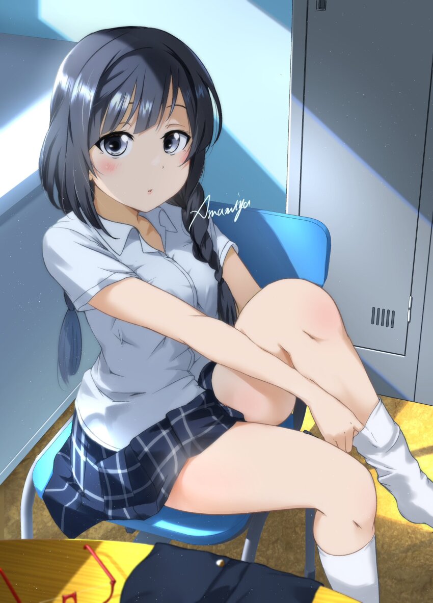 1girl adjusting_sock amamiya_(re-amamiya) artist_name black_hair black_vest blue_skirt blush braid collared_shirt commentary_request glasses grey_eyes highres indoors kneehighs light_rays long_hair looking_at_viewer love_live! love_live!_nijigasaki_high_school_idol_club nakagawa_nana nijigasaki_school_uniform on_chair plaid_clothes plaid_skirt red-framed_eyewear school_uniform semi-rimless_eyewear shirt short_sleeves sitting skirt socks solo summer_uniform unworn_eyewear unworn_vest vest watermark white_shirt white_socks yuki_setsuna yuki_setsuna_(love_live!)