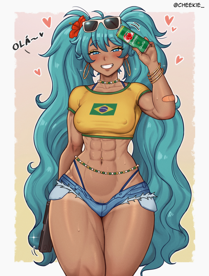 1girl abs aqua_eyes aqua_hair bikini bikini_under_clothes brazilian_flag brazilian_flag_print brazilian_miku cheekie dark-skinned_female dark_skin flag_print guarana_antarctica gun handgun hatsune_miku highres portuguese_text shirt shorts smile sunglasses swimsuit tan tanline toned toned_female vocaloid weapon yellow_shirt