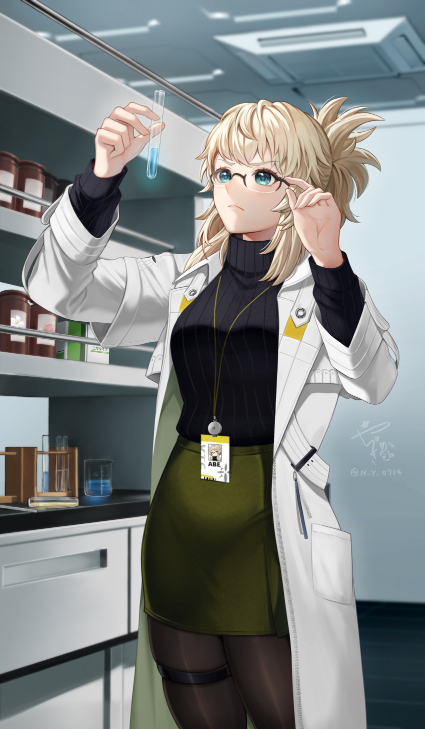 1girl abe_(nikke) absurdres beaker black_sweater blonde_hair ceiling ceiling_light cowboy_shot drawer goddess_of_victory:_nikke green_eyes green_skirt hands_up highres holding holding_test_tube lab_coat laboratory lanyard long_sleeves looking_at_object medicine_bottle name_tag pantyhose petri_dish ponytail ribbed_sweater semi-rimless_eyewear shelf signature skirt solo sweater test_tube test_tube_rack thigh_strap turtleneck turtleneck_sweater yazuki_(n_y_0714) zipper