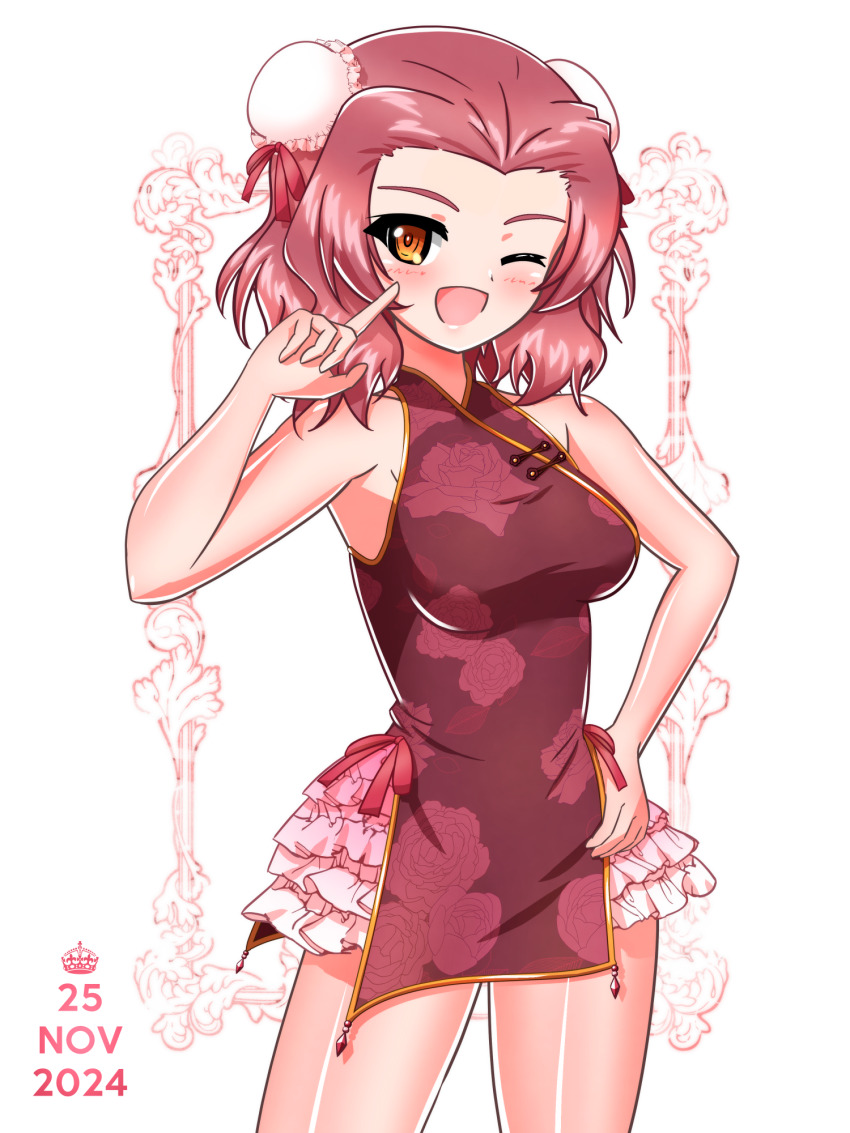 1girl bare_shoulders blush breasts bun_cover china_dress chinese_clothes commentary cowboy_shot dated double_bun dress earlobe1514366 floral_print girls_und_panzer girls_und_panzer_senshadou_daisakusen! hair_bun hand_on_own_hip highres large_breasts looking_at_viewer microdress official_alternate_costume one_eye_closed open_mouth orange_eyes pointing pointing_at_self print_dress red_dress red_hair rosehip_(girls_und_panzer) short_hair simple_background sleeveless sleeveless_dress smile solo