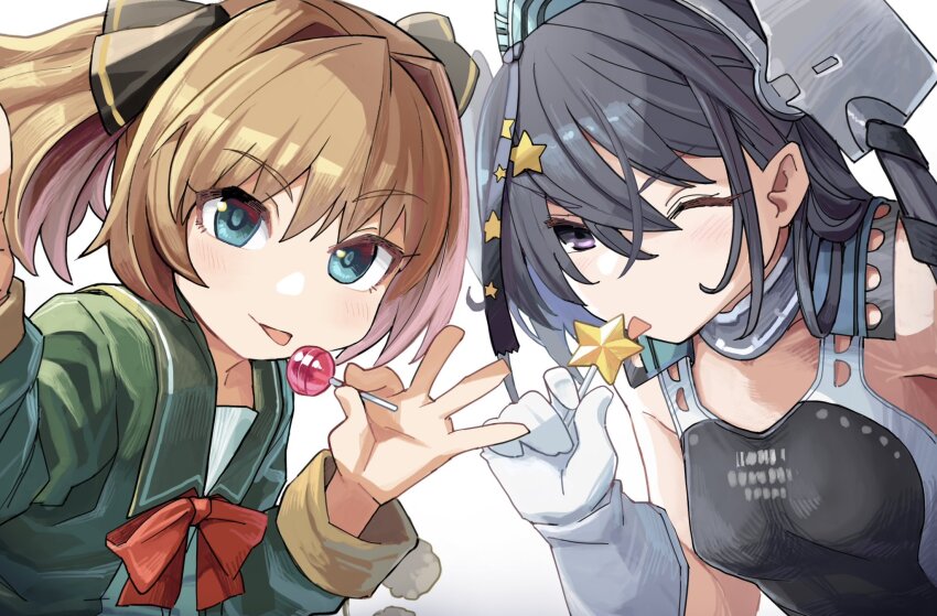 1girl aqua_hat black_one-piece_swimsuit black_ribbon blue_eyes breasts brown_hair competition_swimsuit garrison_cap gloves green_jacket green_sailor_collar grey_eyes grey_hair hachijou_(kancolle) hair_ornament hair_ribbon hat highres jacket kantai_collection long_hair long_sleeves looking_at_viewer mizoki_kei neck_ribbon one-piece_swimsuit red_ribbon ribbon sailor_collar scamp_(kancolle) school_uniform serafuku short_hair side_ponytail small_breasts solo star_(symbol) star_hair_ornament swimsuit tongue tongue_out upper_body white_gloves