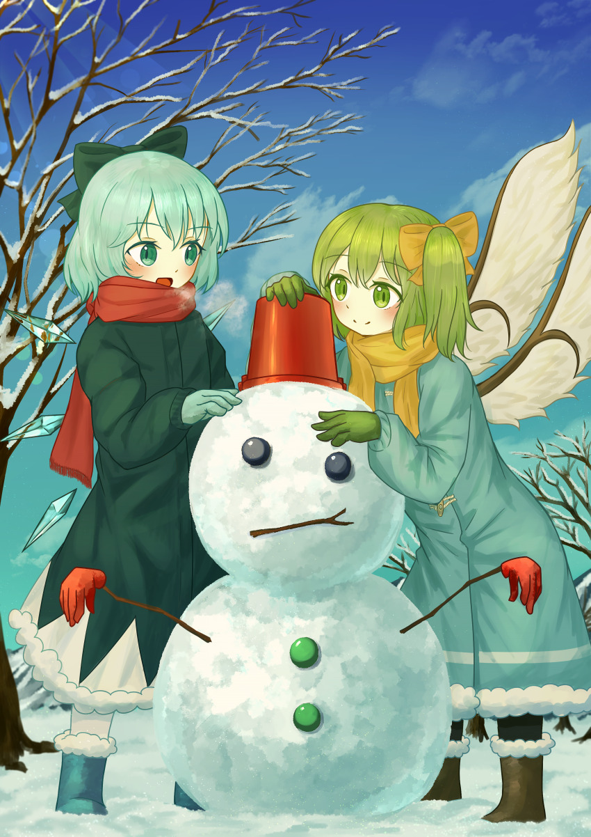 2girls absurdres aqua_coat bare_tree blue_bow blue_coat blue_dress blue_eyes blue_hair blue_sky bow cirno cloud coat daiyousei detached_wings dress ekaapetto fairy fairy_wings frozen green_hair hair_bow highres holding_snowman ice ice_wings multiple_girls red_scarf scarf side_ponytail sky snow snowing snowman touhou tree wings winter winter_clothes winter_coat yellow_bow yellow_scarf