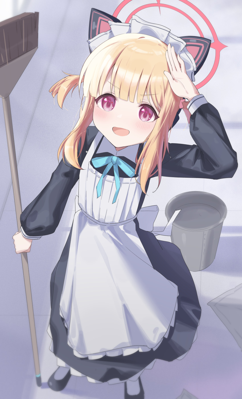 1girl absurdres animal_ear_headphones animal_ears apron black_dress black_shoes blonde_hair blue_archive broom bucket cat_ear_headphones commentary dress fake_animal_ears from_above halo headphones highres holding holding_broom jei_(user_tckk7448) maid maid_apron maid_headdress momoi_(blue_archive) momoi_(maid)_(blue_archive) open_mouth pantyhose red_eyes red_halo shoes smile socks solo white_pantyhose white_socks