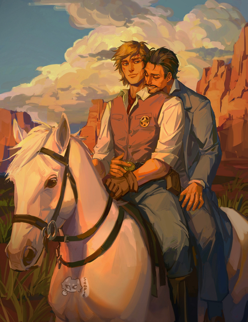 2boys absurdres alternate_costume animal animal_ears artist_request avengers_(series) belt black_belt black_boots black_pants blonde_hair blue_eyes blue_pants blue_sky boots breast_pocket brown_gloves brown_vest buttons chinese_commentary closed_eyes closed_mouth cloud cloudy_sky collared_shirt evening facial_hair fingernails formal_clothes gloves grass grey_jacket highres horse horse_ears horse_tail horseback_riding jacket lapels lips long_sleeves looking_at_another male_focus marvel mountain multiple_boys mustache necktie open_clothes open_jacket pants pocket red_necktie riding saddle shirt short_hair single_glove sitting sky smile steve_rogers suit suit_jacket tail teeth tony_stark vest white_horse white_shirt yaoi