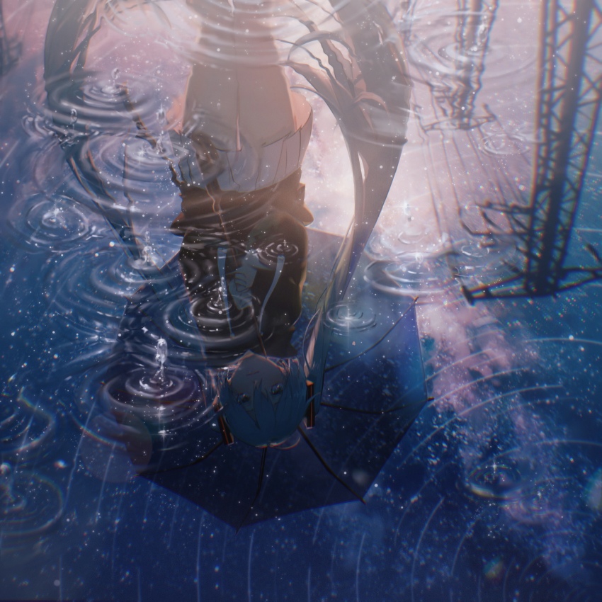 1girl absurdres backlighting black_hoodie blue_eyes blue_hair chromatic_aberration clenched_hands closed_mouth feet_out_of_frame from_above glint hatsune_miku highres holding holding_umbrella hood hoodie konya_karasue legs_together lens_flare light_smile long_hair looking_down nebula out_of_frame outdoors pleated_skirt power_lines puddle reflection reflective_water ripples scenery skirt sky solo standing star_(sky) starry_sky thigh_gap transmission_tower twintails umbrella upside-down very_long_hair vocaloid water water_drop white_skirt