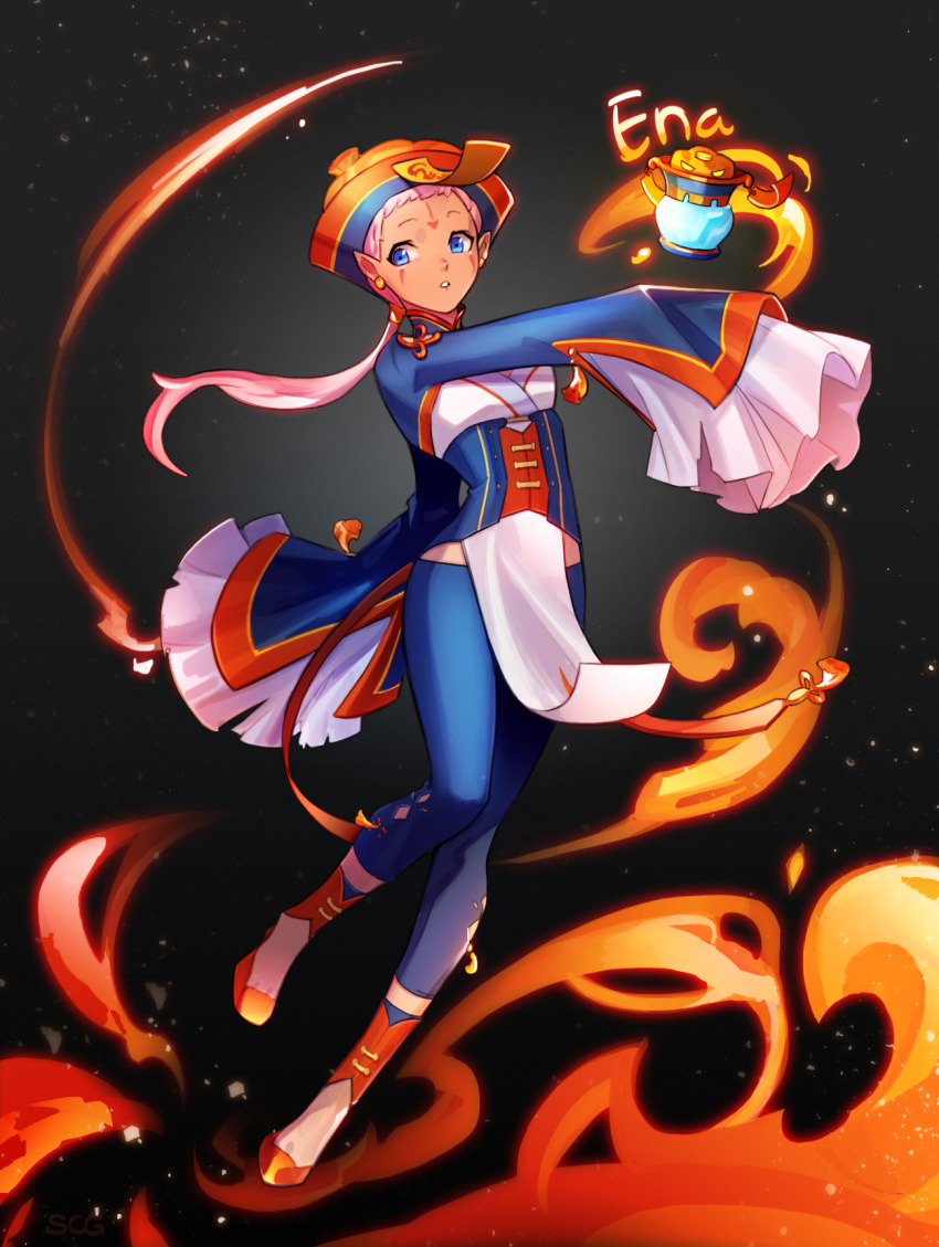 1girl blue_eyes character_name commentary dark-skinned_female dark_skin earrings ena_(fire_emblem) ena_(halloween)_(fire_emblem) facial_mark fire fire_emblem fire_emblem:_radiant_dawn fire_emblem_heroes full_body halloween hat highres jewelry jiangshi_costume lantern light_particles nintendo official_alternate_costume ofuda ofuda_on_head pink_hair pointy_ears ponytail silvercandy_gum solo