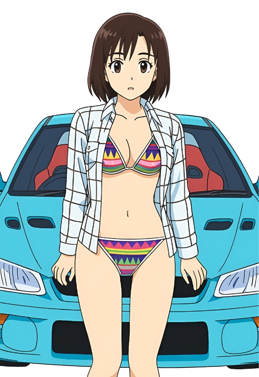 1girl bottomless breasts brown_eyes brown_hair buttons car comic cover cover_page day dress_shirt fanart_digital highres initial_d lips lipstick looking_at_viewer makeup manga_cover medium_breasts motor_vehicle navel open_clothes open_mouth open_shirt outdoors plaid_clothes plaid_shirt pocket red_lips right-hand_drive shirt short_hair sky smile solo standing subaru subaru_(brand) subaru_impreza swept_bangs swimsuit uehara_mika