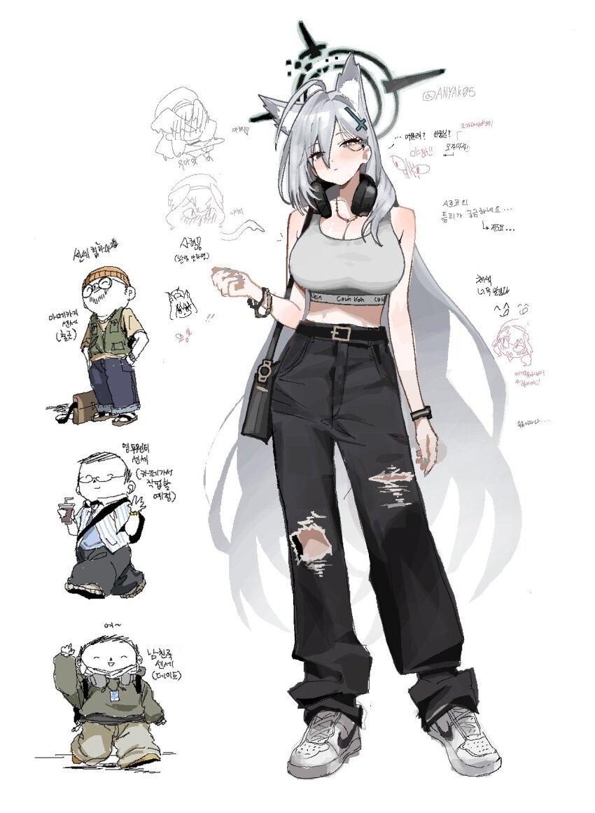 &lt;|&gt;_&lt;|&gt; ahoge animal_ear_fluff animal_ears anyak05 artist_name bag beanie beige_pants belt black_halo black_pants blue_archive blue_eyes blue_nails blue_shirt blush bracelet breasts calvin_klein cleavage cross cross_hair_ornament denim doodle_sensei_(blue_archive) drink embarrassed feathered_wings flip-flops glasses grey_hair hair_ornament halo hands_in_pockets hat head_wings headphones highres hood hoodie inverted_cross jeans jewelry koharu_(blue_archive) korean_text lanyard large_breasts long_hair midriff nike_(company) pants pointing pointing_at_another sandals sensei_(blue_archive) shiroko_(blue_archive) shiroko_terror_(blue_archive) shirt shoes short_sleeves shoulder_bag sneakers sports_bra standing tagme torn_clothes torn_jeans torn_pants vest walking watch white_background wings
