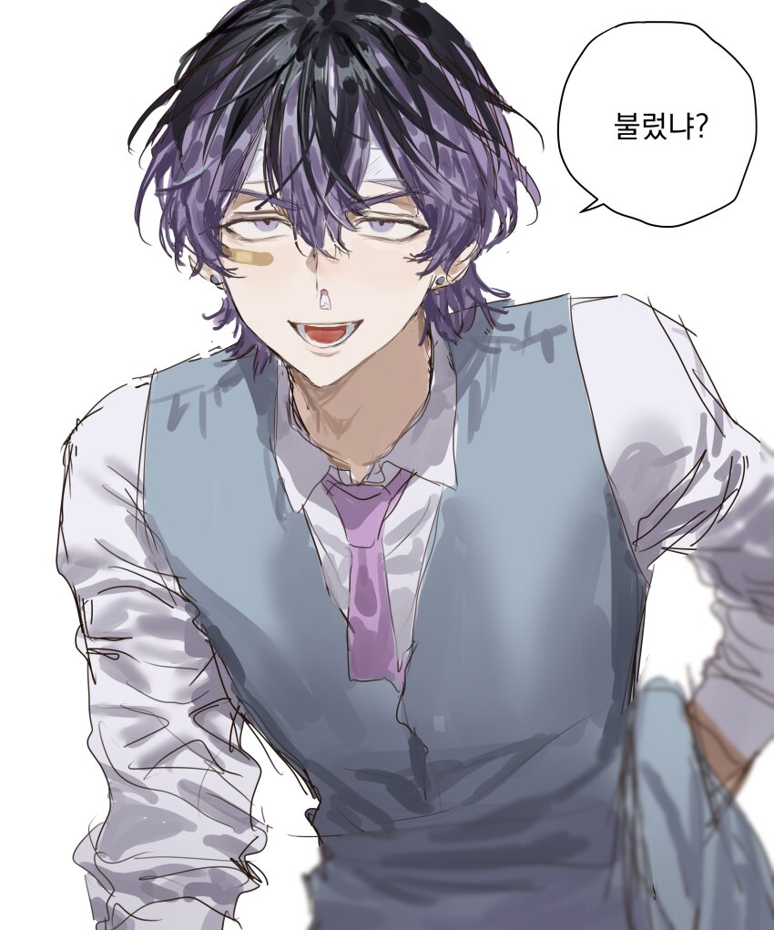 1boy absurdres bandaid bandaid_on_face blue_suit chamuring formal_clothes haitani_rindou hand_on_own_hip highres holding holding_unworn_clothes leaning_forward light_blue_jacket looking_at_viewer male_focus messy_hair multicolored_hair necktie purple_eyes purple_hair purple_necktie shirt sleeves_rolled_up smirk suit tokyo_revengers two-tone_hair vest white_shirt