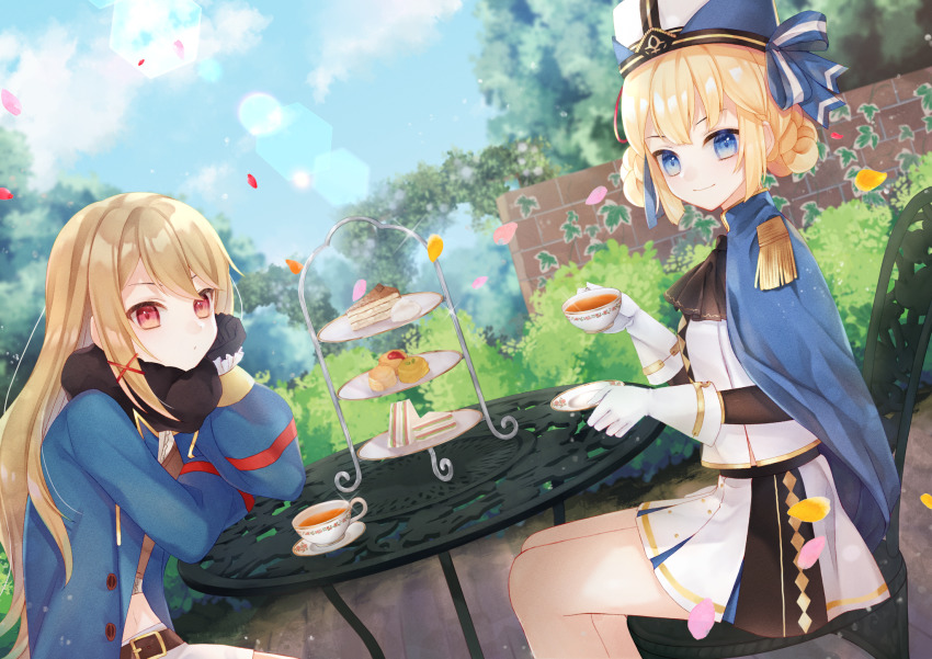 2girls arch ascot azur_lane belt black_ascot black_gloves black_scarf blonde_hair blue_cape blue_coat blue_eyes blue_headwear blue_sky braid brick_wall brown_belt bush cake cake_slice cape chair cloud coat commentary_request crossed_bangs cup day dutch_angle epaulettes food garden glint gloves hair_between_eyes hair_ornament hardy_(azur_lane) hat head_rest highres holding holding_cup hunter_(azur_lane) lens_flare light_brown_hair long_hair long_sleeves looking_at_viewer midriff military_hat multiple_girls navel no_headwear ougi_(u_to4410) outdoors petals plant plate red_eyes ribbon sandwich scarf shirt short_shorts shorts sidelocks sitting skirt sky smile table tea teacup tiered_tray trench_coat white_gloves white_shirt white_shorts white_skirt x_hair_ornament