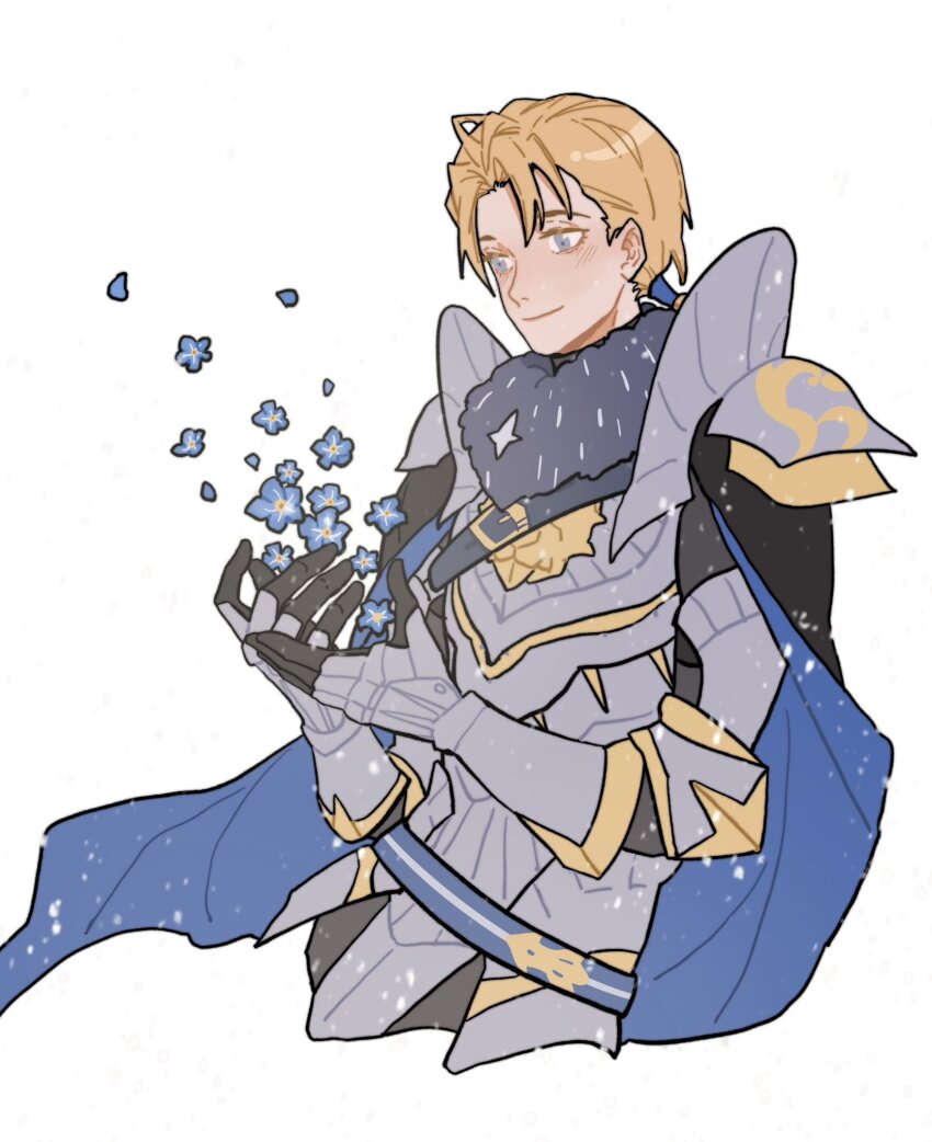 1boy armor arms_up black_gloves blonde_hair blue_cape blue_eyes blue_flower blue_fur breastplate cape closed_mouth commentary cropped_legs dimitri_alexandre_blaiddyd faulds fire_emblem fire_emblem:_three_houses fire_emblem_warriors:_three_hopes floating_flowers flower fur_trim gauntlets gloves highres holding holding_flower julianlynnnn looking_at_flowers male_focus nintendo parted_bangs pauldrons ponytail shoulder_armor smile solo