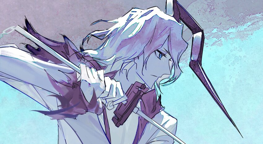 1boy bad_id bad_twitter_id bankai bleach closed_mouth colored_skin fusion hair_between_eyes highres holding holding_sword holding_weapon hollow_(bleach) hollow_ichigo horns japanese_clothes long_hair long_sleeves looking_at_viewer male_focus shihakusho short_hair simple_background single_horn solo sword tensa_zangetsu_(bankai) weapon white_hair white_skin zangetsu_(bleach) zangjun