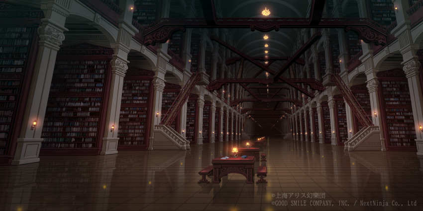 bench book bookshelf commentary_request copyright_notice game_cg highres kosian lantern library no_humans official_art reflection scarlet_devil_mansion scenery stairs tile_floor tiles touhou touhou_lostword vanishing_point