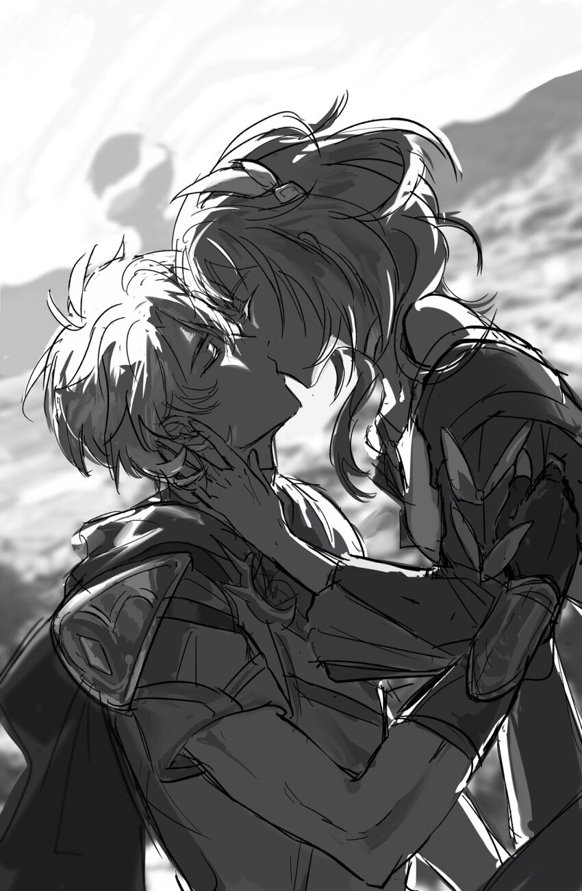 1boy 1girl armor closed_eyes coat commentary_request couple cyrene_(honkai:_star_rail) fingerless_gloves gloves greyscale hair_ornament hand_on_another&#039;s_cheek hand_on_another&#039;s_face hetero highres honkai:_star_rail honkai_(series) kiss monochrome pauldrons phainon_(honkai:_star_rail) short_hair shoulder_armor single_pauldron yindongmec