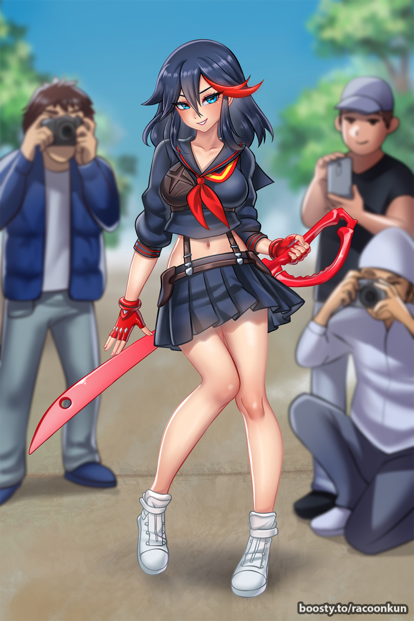 1girl 3boys :d arm_at_side bare_arms bare_legs baseball_cap black_eyes black_hair black_sailor_collar black_shirt black_shoes black_skirt blue_eyes blue_jacket blue_shoes blue_sky blurry blurry_background blush breasts brown_hair camera closed_mouth collarbone crossed_bangs day double-parted_bangs fingerless_gloves fingernails full_body gloves grey_hat grey_pants grin hair_between_eyes hair_flaps hashtag-only_commentary hat highres holding holding_camera holding_knife holding_phone jacket kill_la_kill knees_together_feet_apart knife lips long_sleeves looking_at_another looking_at_viewer matoi_ryuuko medium_breasts medium_hair midriff miniskirt multicolored_hair multiple_boys navel neckerchief on_one_knee open_clothes open_jacket open_mouth outdoors pants phone pleated_skirt puffy_sleeves racoon-kun red_gloves red_hair red_neckerchief sailor_collar school_uniform shirt shoes short_hair short_sleeves skirt sky smile solo_focus standing streaked_hair suspender_skirt suspenders t-shirt three-quarter_sleeves tree two-tone_hair v-shaped_eyebrows very_short_hair watermark web_address white_shirt white_shoes