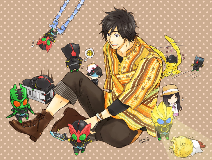 1girl 6+boys alternate_form angry animification ankh_(ooo) bad_id bad_pixiv_id black_eyes black_hair blonde_hair boots bracelet cake chibi dress eye_beam food gatakiriba_(ooo_combo) hat heart hino_eiji inagi izumi_hina izumi_shingo jewelry kamen_rider kamen_rider_ooo kamen_rider_ooo_(series) kamen_rider_w looking_at_another luna_dopant male_focus medal multiple_boys multiple_persona open_mouth polka_dot polka_dot_background putotyra_(ooo_combo) ratoratah_(ooo_combo) shaded_face shauta_(ooo_combo) shoes sitting sword tajador_(ooo_combo) tatoba_(ooo_combo) undershirt weapon