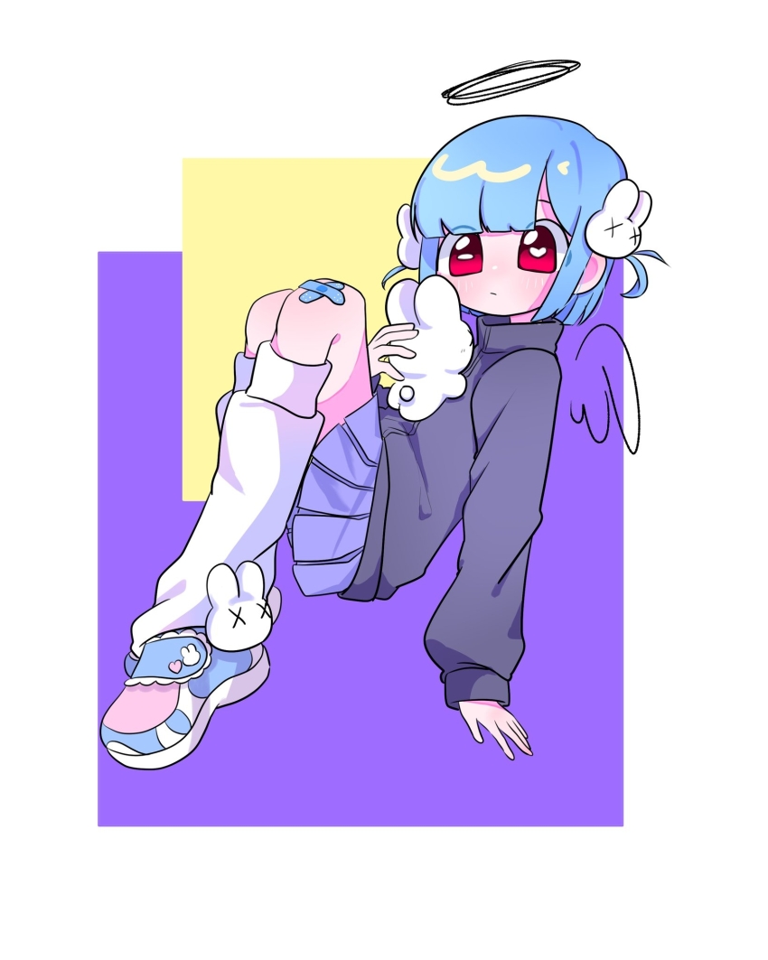 1girl angel bandaid bandaid_on_knee bandaid_on_leg blue_hair commentary_request coron_(uowou_s2l) crossed_bandaids drawn_halo drawn_wings expressionless full_body hair_ornament halo heart heart-shaped_pupils highres horizontal_pupils knees_up leg_warmers long_sleeves mismatched_pupils original pleated_skirt rabbit rabbit_hair_ornament red_eyes short_hair skirt solo sweater symbol-shaped_pupils two_side_up wings