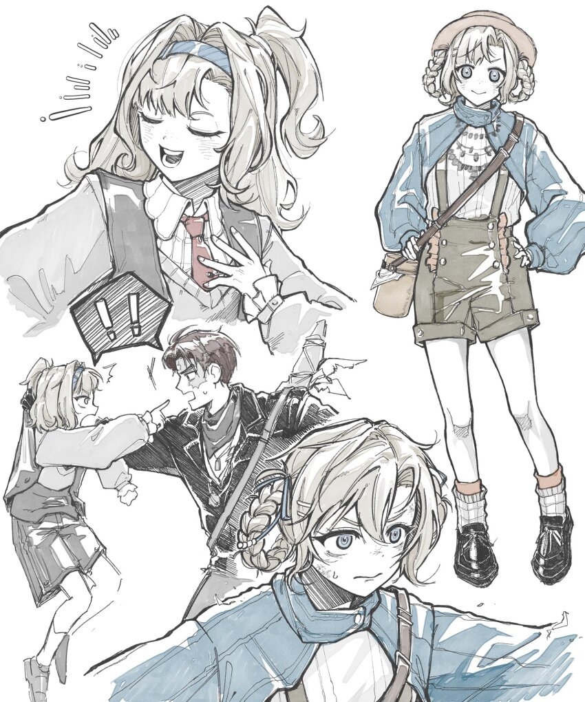 ! !! 1boy 1girl ^^^ bag black_footwear black_hair black_jacket black_neckerchief blue_eyes blue_hairband blue_shrug boater_hat braid braided_hair_rings closed_eyes clothes_tug collage collared_shirt grey_hair grey_shorts grey_sweater gwakcheol hair_rings hairband hand_on_own_chest hands_on_own_hips highres jacket j_(reverse:1999) looking_at_viewer matilda_bouanich matilda_bouanich_(the_genius&#039;s_holiday) medium_hair neckerchief necktie official_alternate_costume one_side_up open_mouth outstretched_arms profile red_necktie reverse:1999 shirt short_hair shorts shoulder_bag shrug_(clothing) smile socks speech_bubble spoken_exclamation_mark spread_arms standing suspender_shorts suspenders sweater teeth weapon weapon_on_back white_background white_shirt white_socks