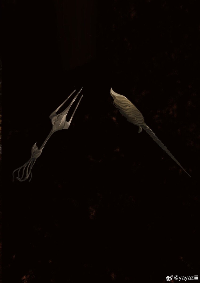black_background chinese_commentary commentary_request dungeon_meshi fork french_commentary highres knife mixed-language_commentary no_humans object_focus simple_background watermark weibo_watermark yayaziiii