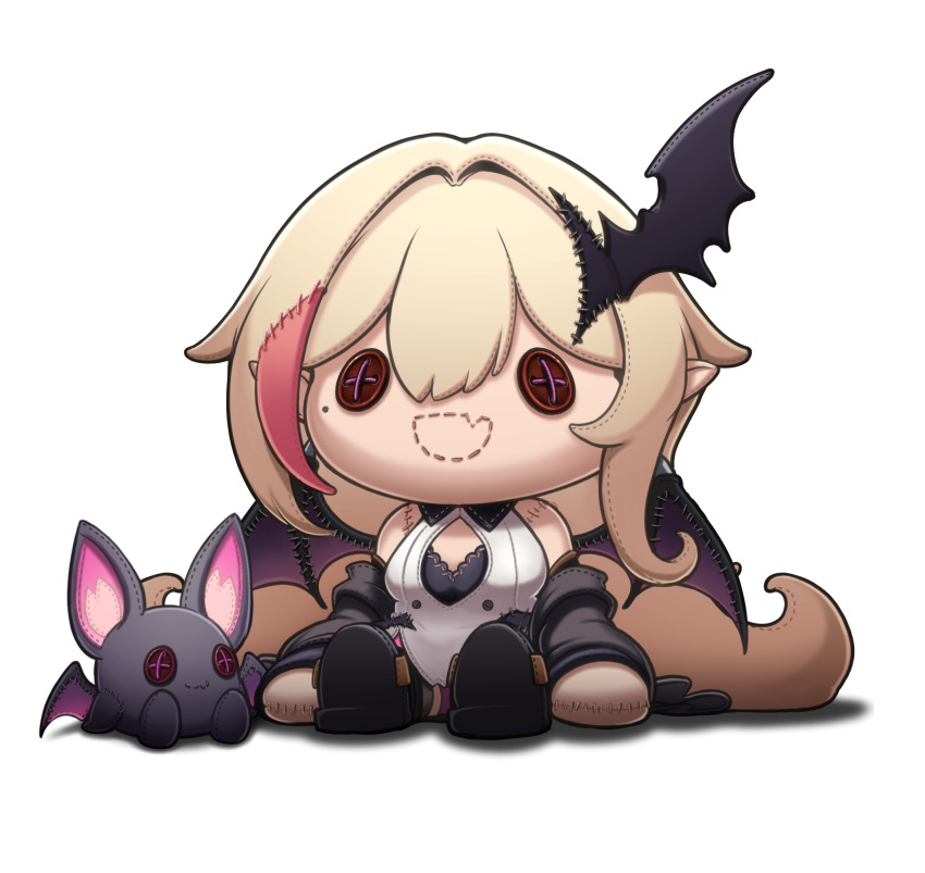 1girl black_boots black_jacket black_wings blonde_hair boots button_eyes buttons clero_(viprimo) dress fang head_wings highres jacket kou_mariya long_hair mole mole_under_eye off_shoulder open_clothes open_jacket open_mouth pink_hair pointy_ears single_head_wing sitting solo stuffed_bat v4mirai virtual_youtuber white_dress wings